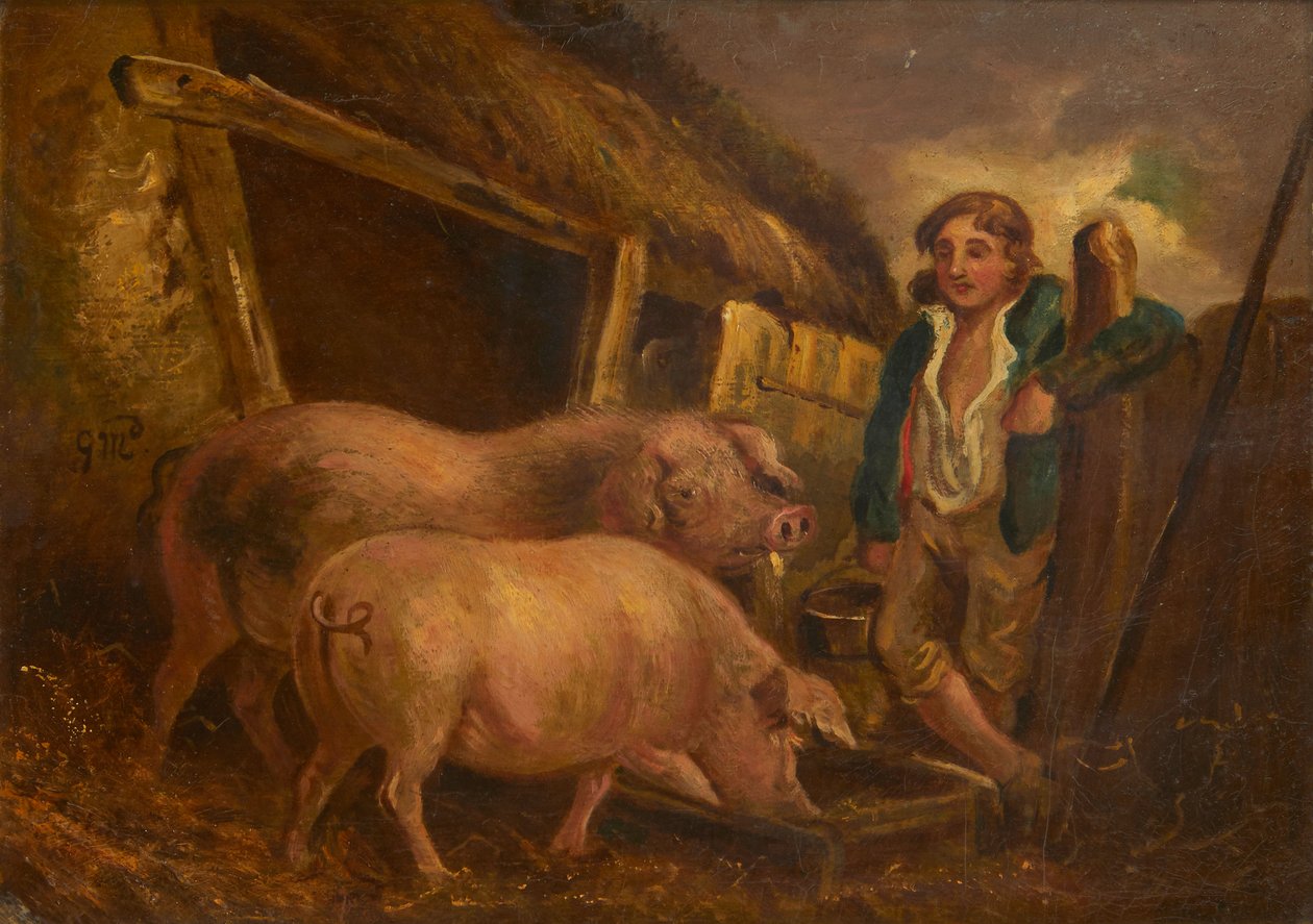 Opieka nad nagrodami świń (olej na pokładzie) autorstwa George (follower of) Morland