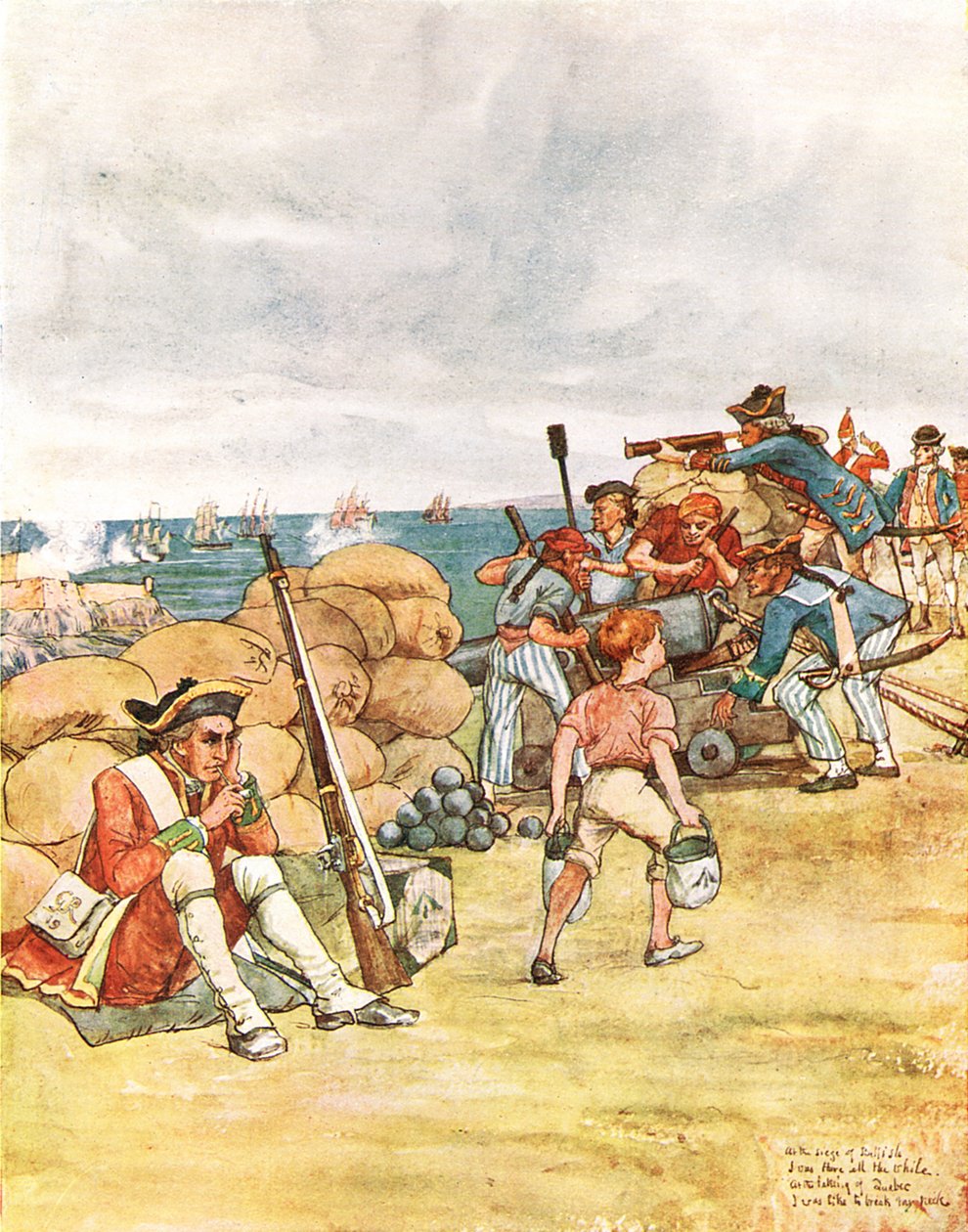 Podczas oblężenia Belle Isle, ilustracja z „Śpiewnika obrazkowego”, 1910 autorstwa George, 9th Earl of Carlisle Howard