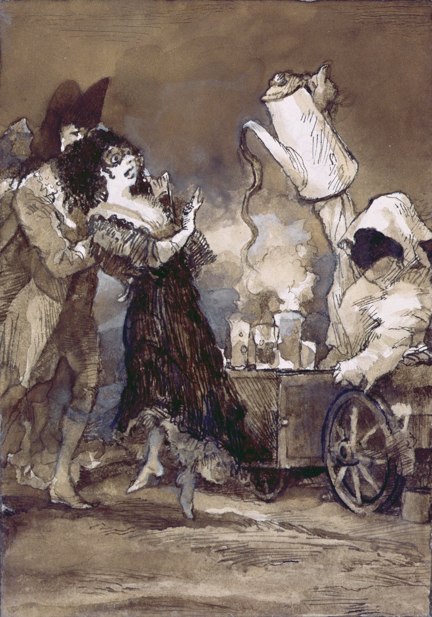 Cafe con leche caliente (wg Goya) (gwasz na desce malowanej zaprawą) autorstwa George Adamson