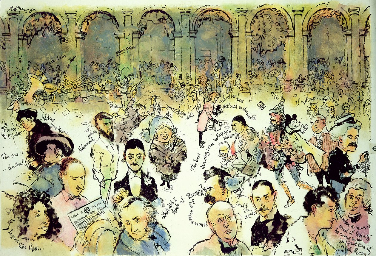 Famous Faces Outside Florians na Piazza San Marco, Wenecja, ok. 1990 (gwasz na płycie pilśniowej z tuszem na nakładce z acetatu) autorstwa George Adamson