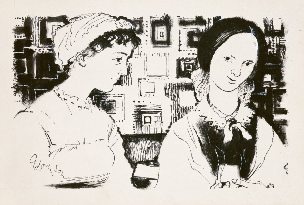 Jane Austen (1775-1817) i Charlotte Bronte (1816-55) - wyimaginowane spotkanie (indyjski atrament na pokładzie) autorstwa George Adamson
