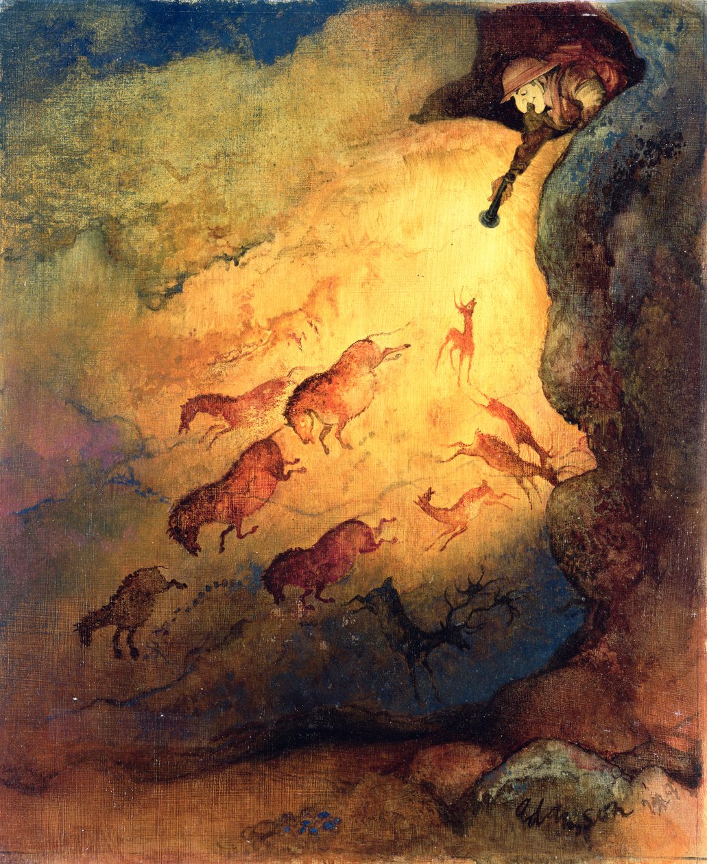 Pan Punch jako odkrywca jaskiń wywołujący strach przed zwierzętami w Lascaux, niepublikowane zlecenie firmy Punch, 1968 (gwasz na płycie pilśniowej) autorstwa George Adamson