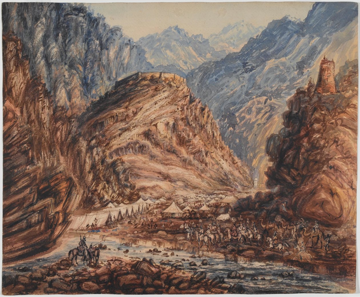 Fort Ali Musjeed, obóz przełęczy Khyber 4. Brygady Sił Generała Majora Pollocka, kwiecień 1842 (akwarela) autorstwa George Alfred Croly