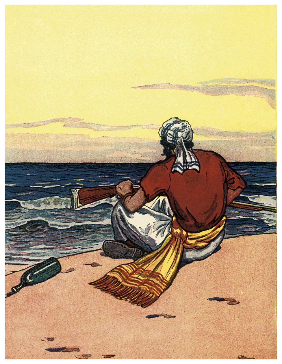 Pirat porzucający się na bezludną wyspę spogląda na linię horyzontu Ilustracja z „The Boys Books of Pirates” George