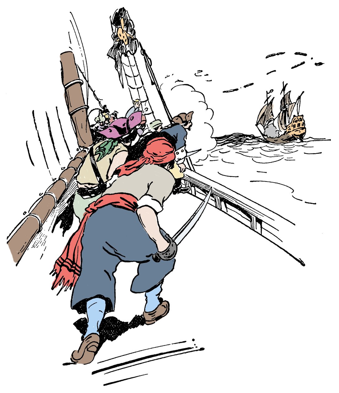 Statek piracki goniący statek Ilustracja z „Księgi piratów i wielkich łazików dla chłopca” George