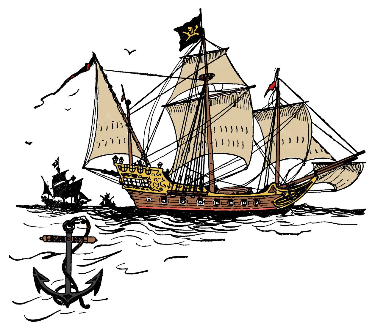 Statek piracki przy Wyspie Żółwi na Morzu Karaibskim Ilustracja z „Księgi piratów i wielkich łazików morskich dla chłopca” George