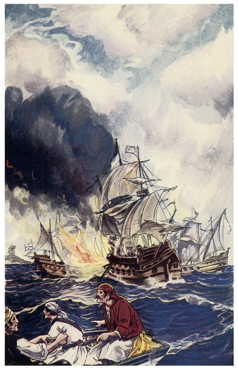 Brulot ładunek materiałów wybuchowych rzuca w statek Ilustracja z „Piraci z Panamy lub Buccaneers of America” George