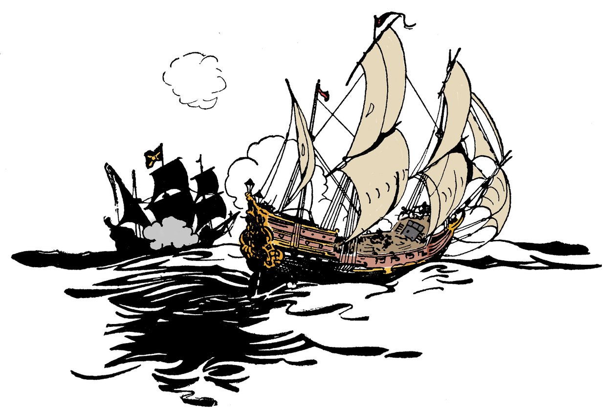 Piraci zbliżają się do statku Ilustracja z „Księgi piratów chłopca i wielkich łazików morskich” George