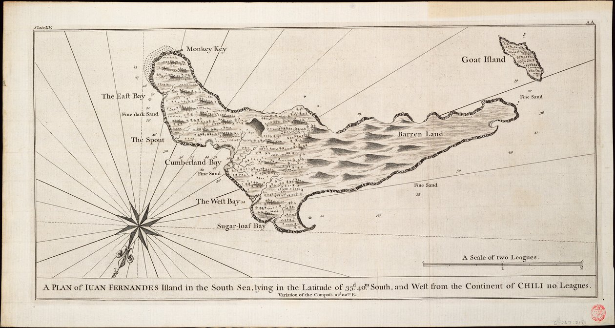 Plan wyspy Iuan Fernandes na Morzu Południowym, leżącej na szerokości geograficznej 33d. 40 m. na południe i na zachód od kontynentu Chili 110 lig, ok. 1750 r. (rycina) autorstwa George Anson