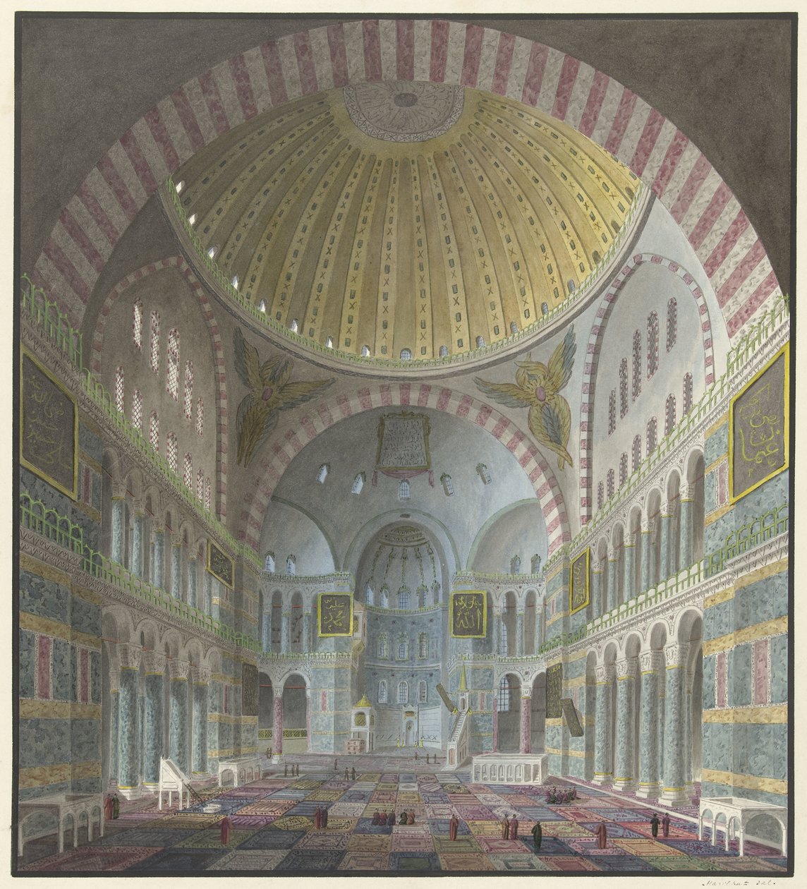 Wnętrze Hagia Sophia z klęczącymi i stojącymi Turkami autorstwa George Antoine Prosper Marilhat