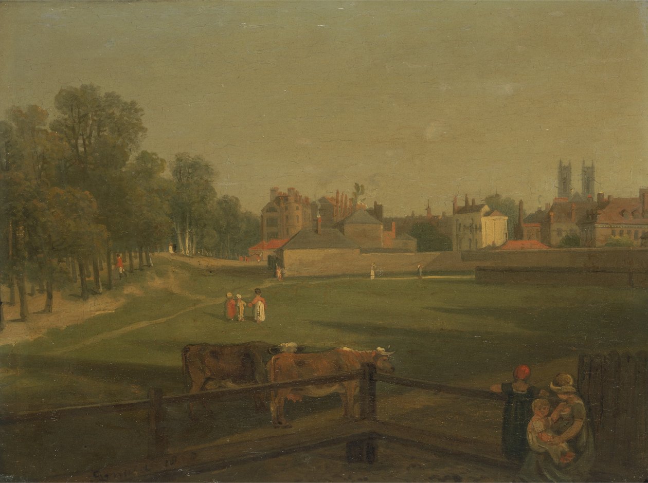 Zachodni widok na część Westminster i Bird Cage Walk, z Mill House (olej na panelu) autorstwa George Arnald