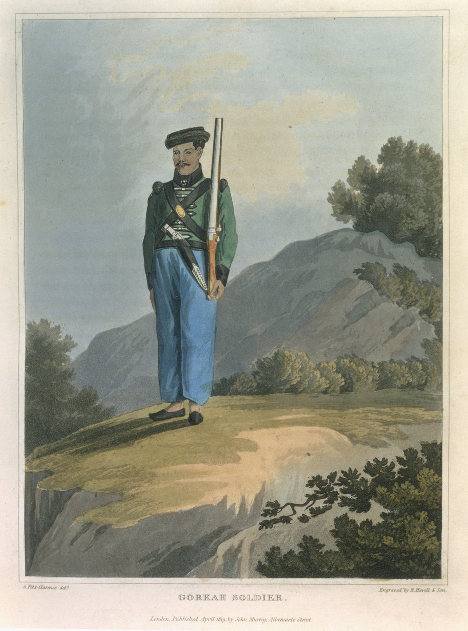 Gorkah Soldier, z Journal of a Route Across India and Through Egypt, grawerowane przez R. Havell and Son, wyd. przez Johna Murraya, 1819 autorstwa George Augustus Fitzclarence
