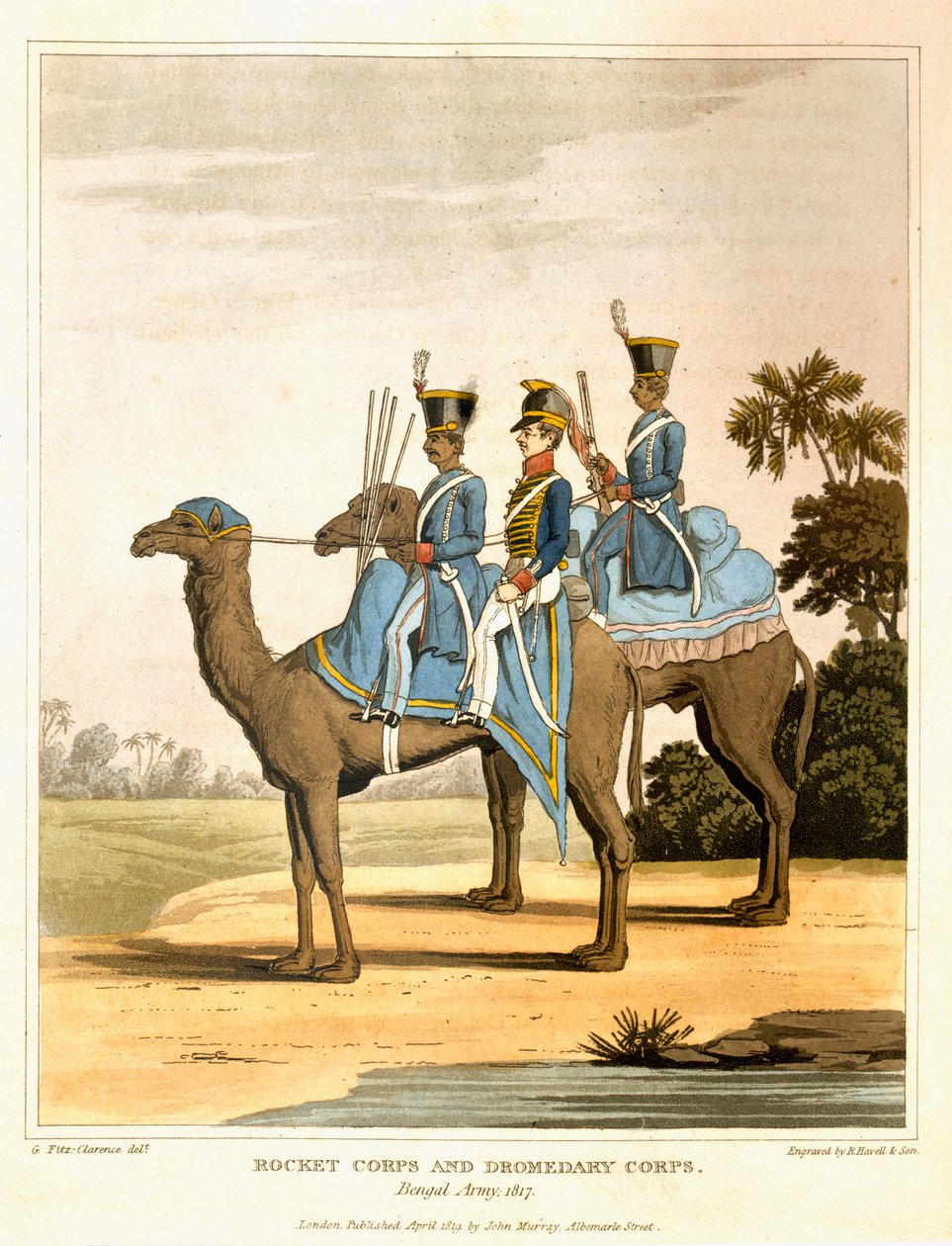 Korpus rakietowy i korpus dromaderów, armia bengalska 1817, z „Dziennika szlaku przez Indie i przez Egipt”, grawerowane przez R. Havell and Son, wyd. przez Johna Murraya, 1819 autorstwa George Augustus Fitzclarence