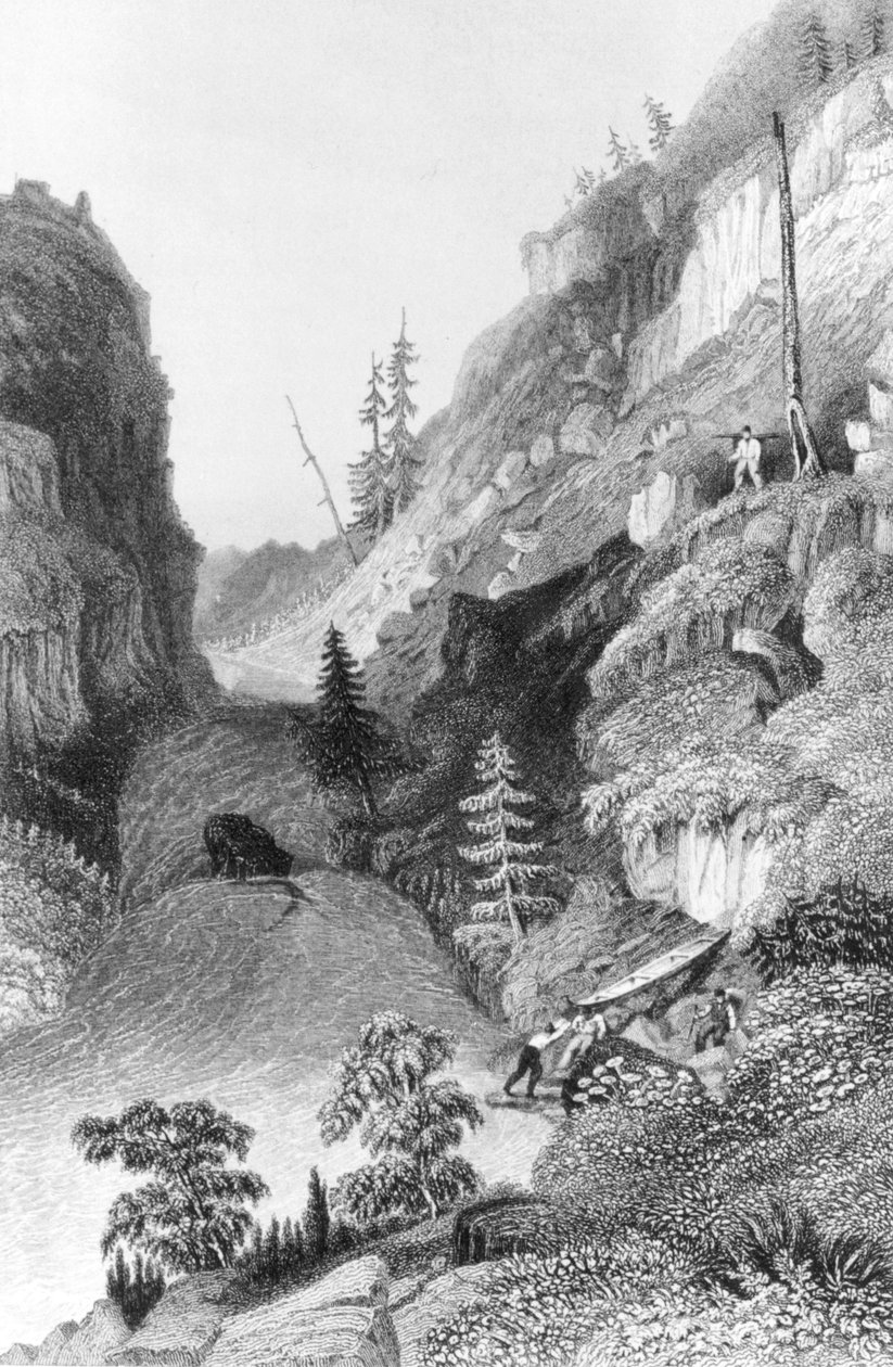 Portage w Hoarfrost River, z "Narrative of the Arctic Land Expedition to the Mouth of the Great Fish River", ryciny Edwarda Findena (1791-1857) opublikowane w 1836 r. autorstwa George Back