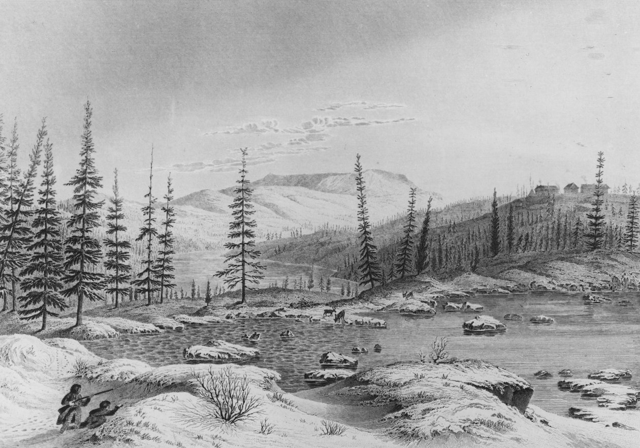 Myśliwi tropią karibu w Forcie Enterprize podczas wyprawy Franklina, 1821 r. autorstwa George Back