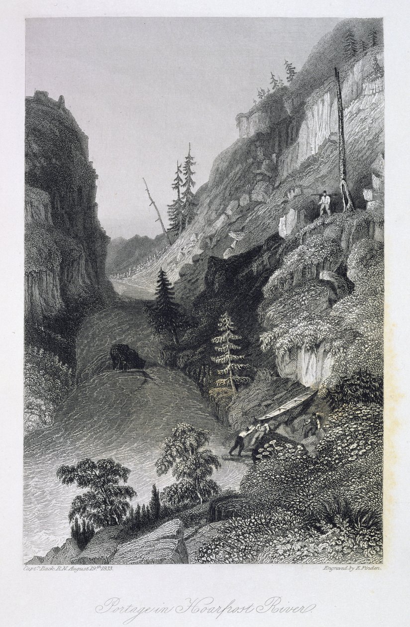 Portage w Hoarfrost River, 19 sierpnia 1833, z „Narracji o wyprawie arktycznej do ujścia rzeki Wielkiej Ryby i wzdłuż wybrzeży Oceanu Arktycznego w latach 1833-35”, autorstwa Capa autorstwa George Back