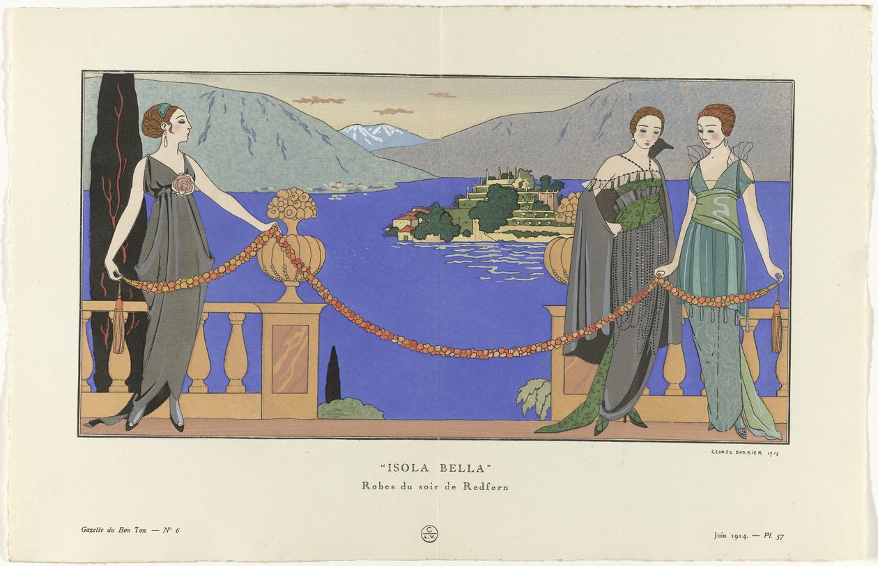 Gazette du Bon Ton, 1914 - nr 6, pl. 57: Isola Bella/ Suknie wieczorowe Redfern (tytuł obiektu) autorstwa George Barbier