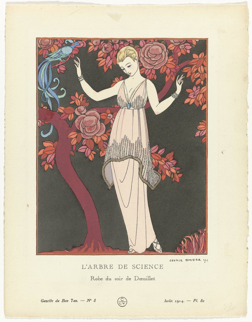 Gazette du Bon Ton 1914, nr 8, pl. 80: Drzewo Nauki / Strój wieczorowy Doeuilleta (tytuł na obiekcie) autorstwa George Barbier