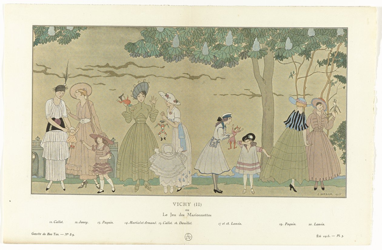 Gazette du Bon Ton, lato 1915 - nr 8-9, plac 3: Vichy (II) / lub / Le Jeu des Marionnettes (tytuł na obiekcie) autorstwa George Barbier