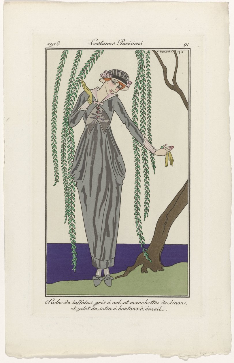 Journal des Dames et des Modes, Costumes Parisiens, 1913, nr 91: Sukienka w taftę (...) autorstwa George Barbier