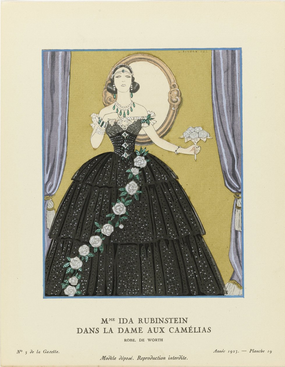 Mme Ida Rubinstein w La Dame aux Camélias, Gazette du Bon Ton, 1923. autorstwa George Barbier