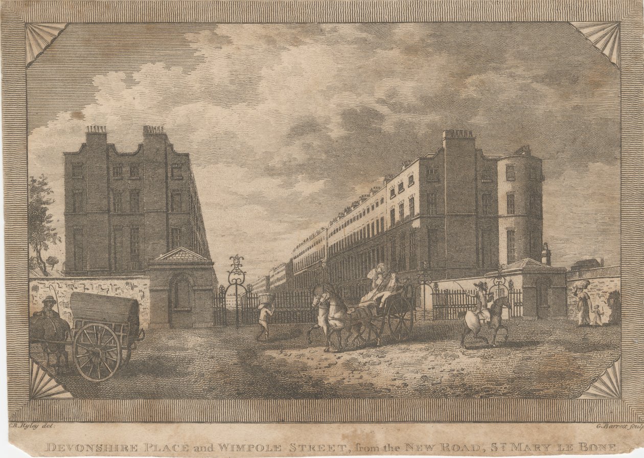 Devonshire Place i Wimpole Street, od New Road, St. Mary Le Bone autorstwa George Barret