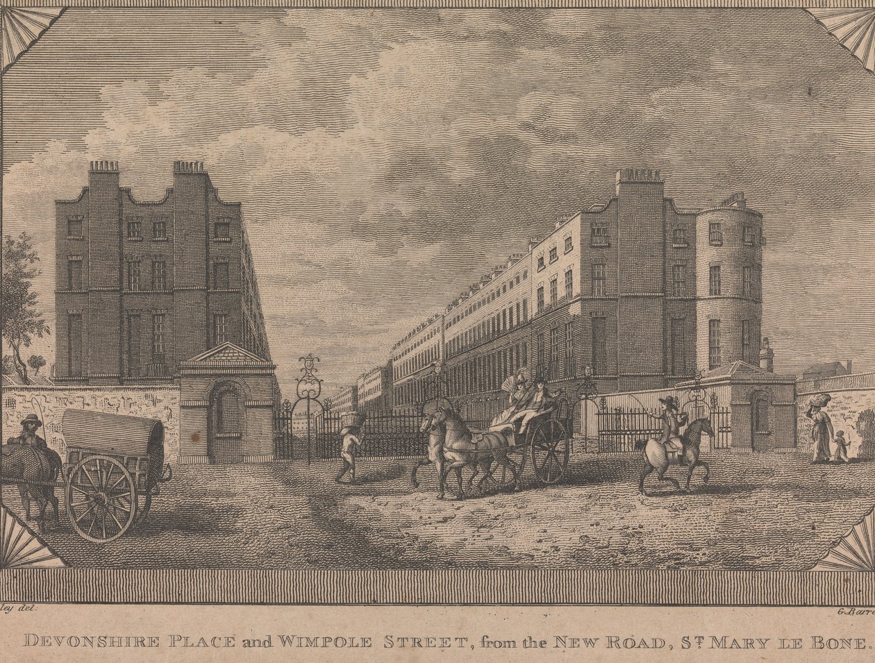 Devonshire Place i Wimpole Street, od New Road, St. Mary le Bone autorstwa George Barret