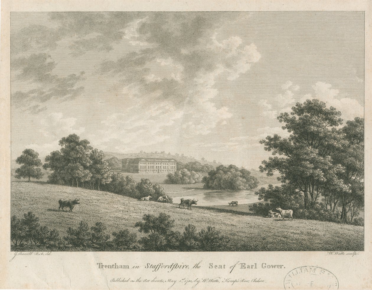 Trentham Hall: grawerowanie, bd [ok. 1781] (druk) autorstwa George Barrett