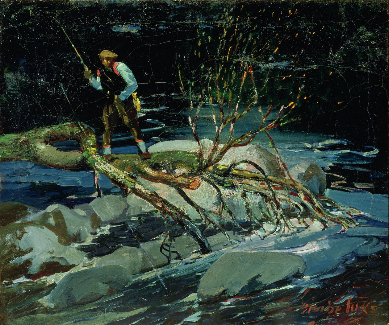 Łowienie pstrąga (olej na płótnie) autorstwa George Benjamin Luks