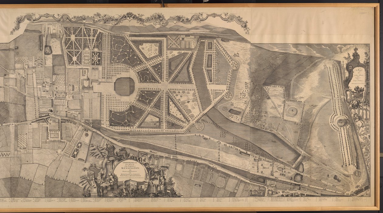 Badanie topograficzne parafii Kensington z planami i elewacjami Pałacu Królewskiego i Ogrodów, Hyde Parku i Knightsbridge autorstwa George Bickham