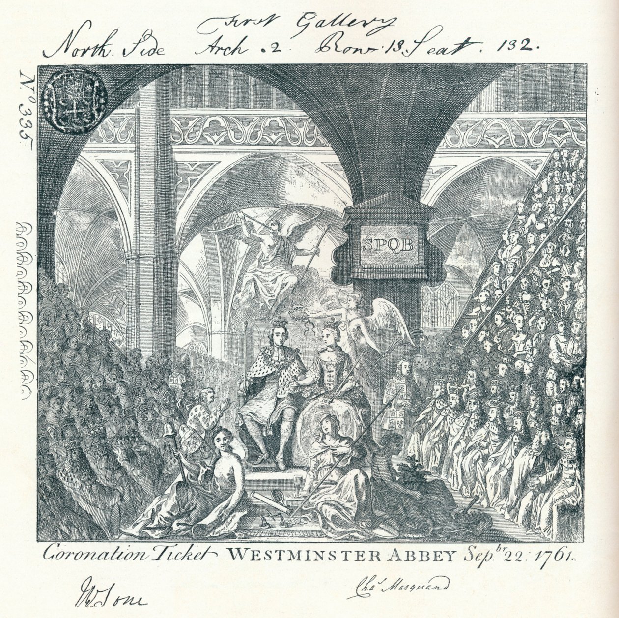 Grawerowany bilet na ceremonię koronacji Jerzego III w Opactwie Westminsterskim 1761 1906 autorstwa George Bickham