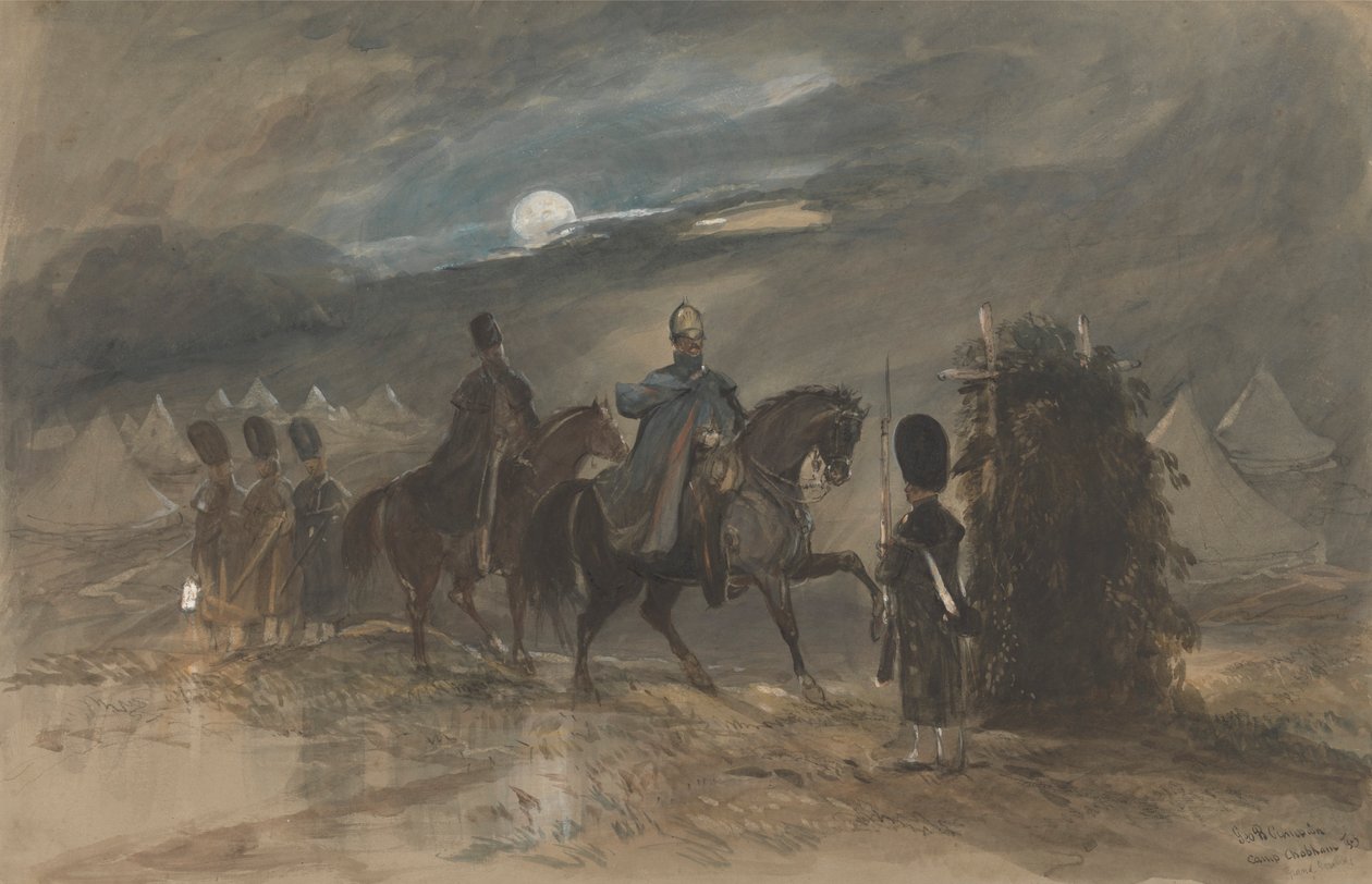 Obóz w Chobham, 1853 z oficerami i wartownikiem autorstwa George Bryant Campion