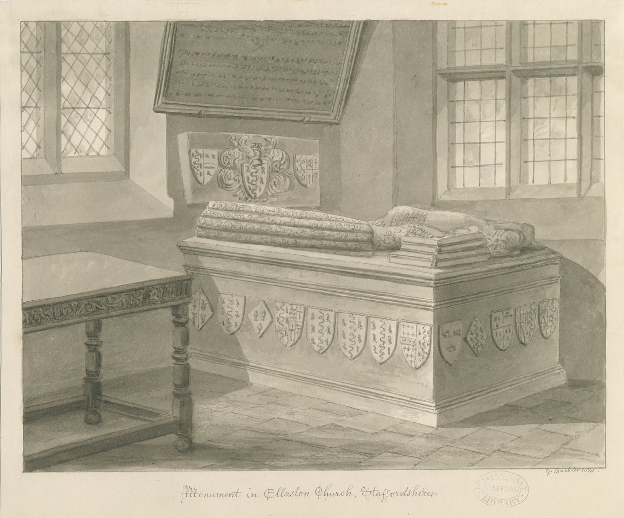 Kościół Ellastone - Pomnik Sir Johna Fleetwooda: rysunek w sepii, 1841 autorstwa George Buckler