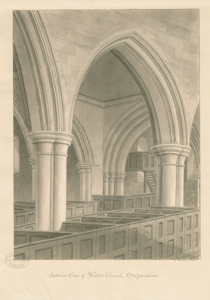 Wnętrze kościoła Weston-on-Trent: rysunek w sepii, 1841 autorstwa George Buckler
