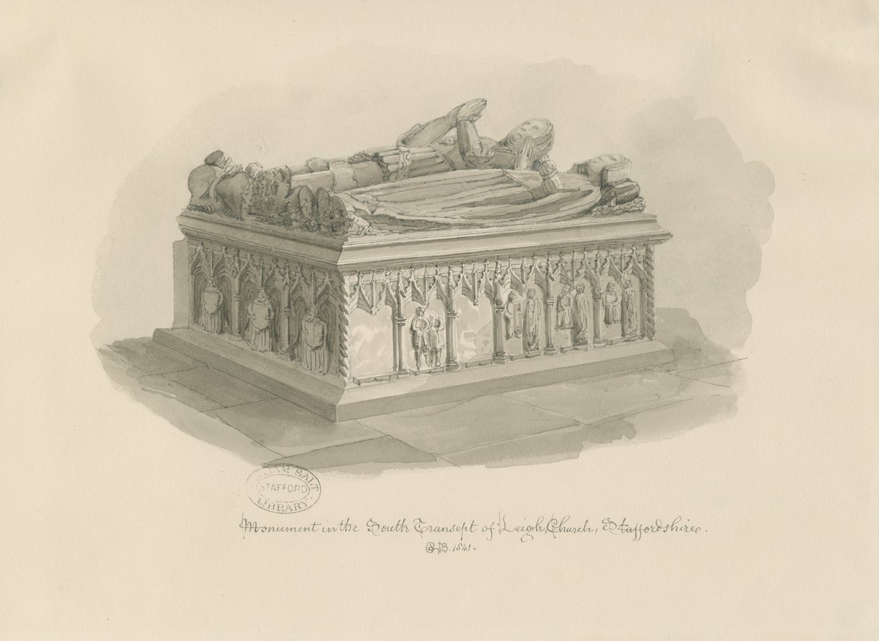Kościół Leigh - Pomnik Sir Johna Astona: rysunek w sepii, 1841 r. autorstwa George Buckler