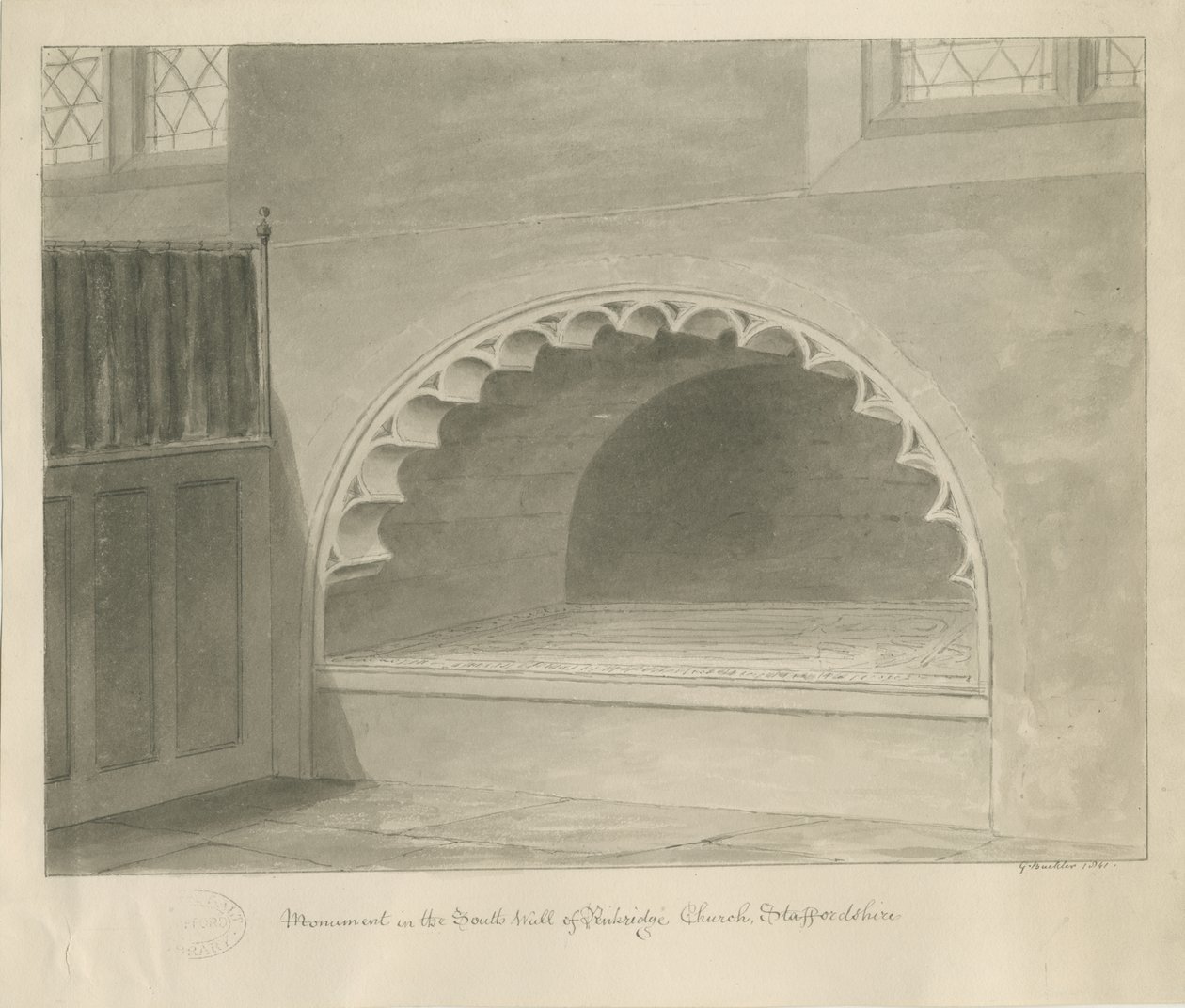 Kościół w Penkridge – pomnik na ścianie południowej: rysunek w sepii, 1841 r. autorstwa George Buckler