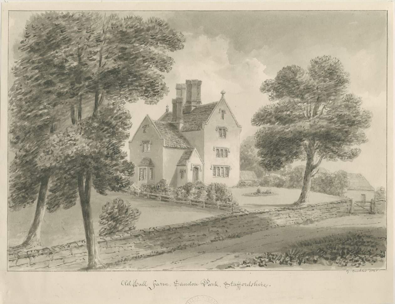 Sandon - Old Hall Farm: rysunek w sepii autorstwa George Buckler