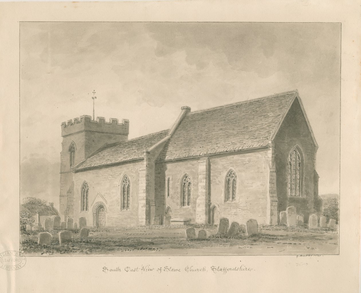 Stowe Church: rysunek w kolorze sepii autorstwa George Buckler