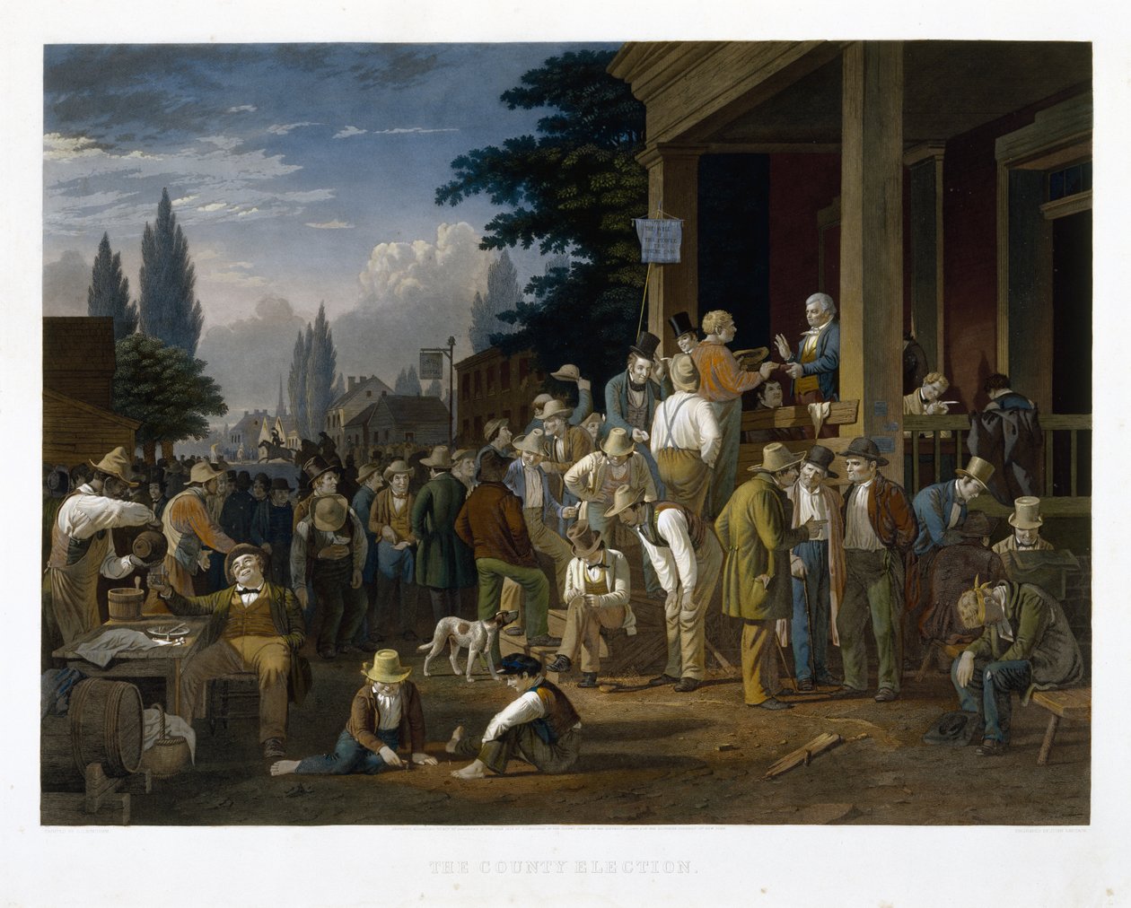 Wybory powiatowe, 1854 r. (mezzotinta i rycina z oryginalną ręczną kolorystyką) autorstwa George Caleb Bingham