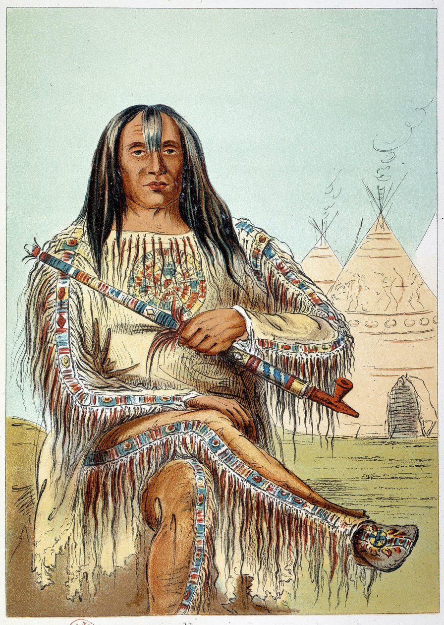 Indianie amerykańscy: Portret przywódcy plemienia Blackfoot (czarne stopy) w wieku około 50 lat. Ilustracja George Catlin (1794-1872) autorstwa George Catlin