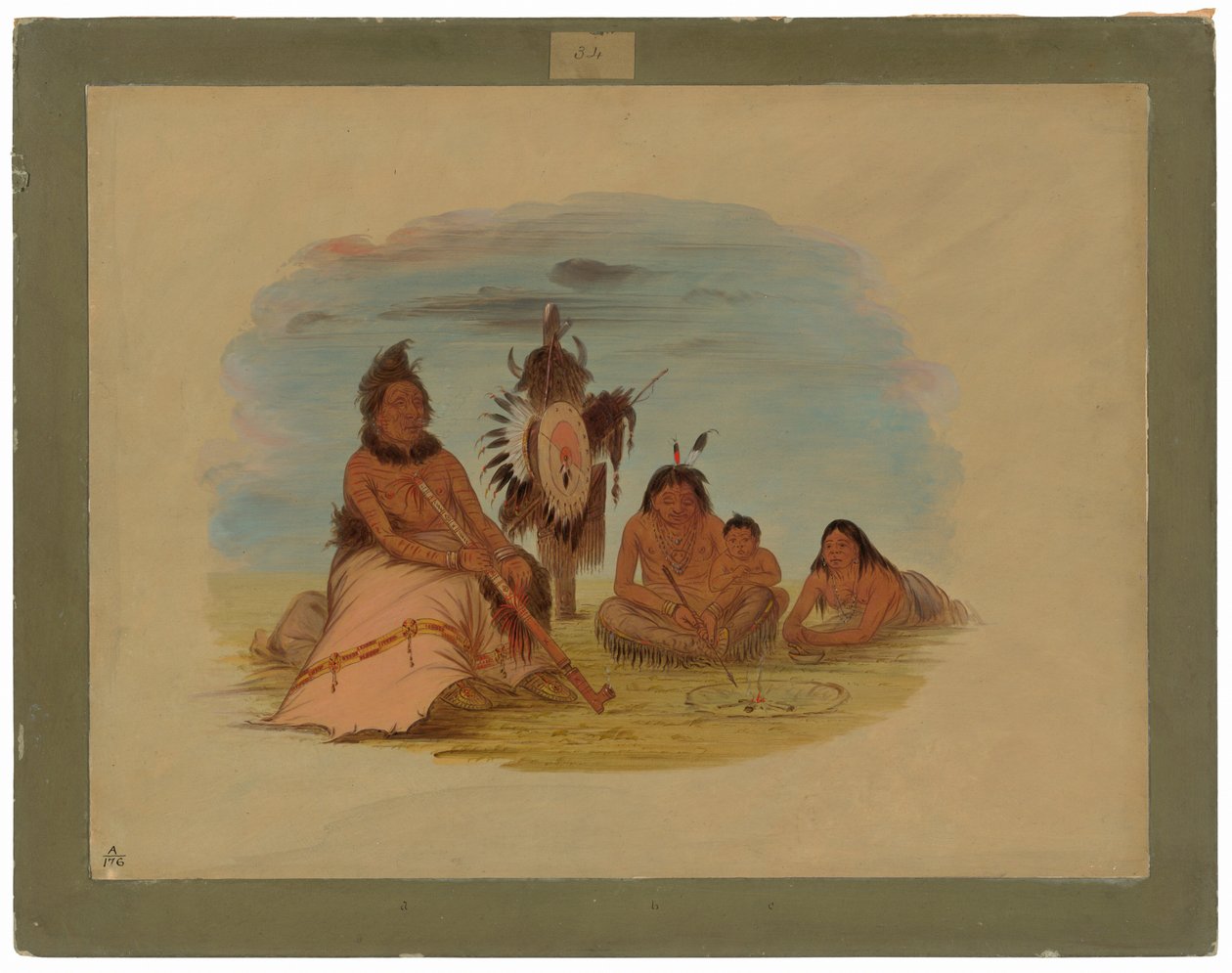 Starzejący się wódz Minatarree i jego rodzina autorstwa George Catlin