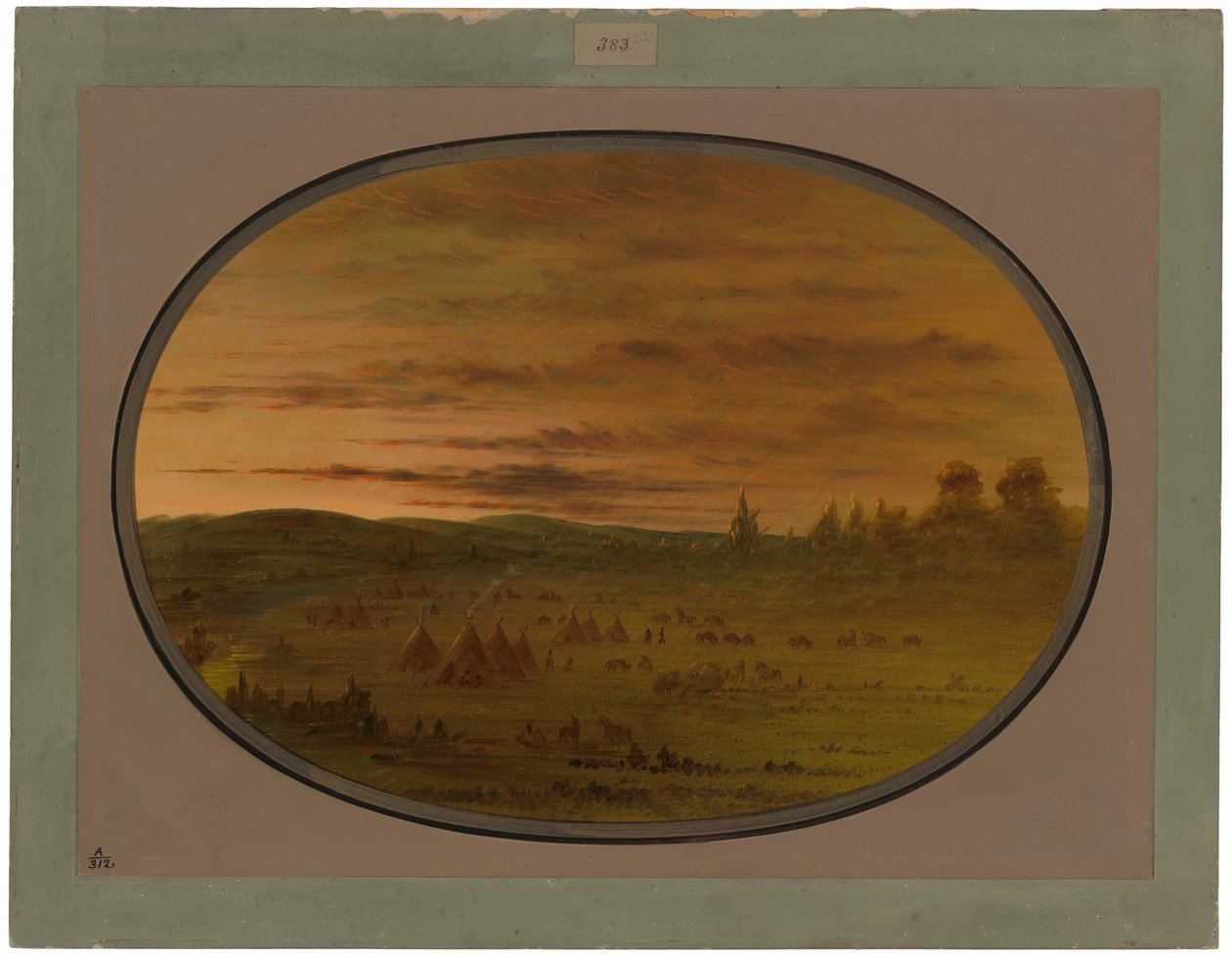 Obóz Indian o zachodzie słońca autorstwa George Catlin