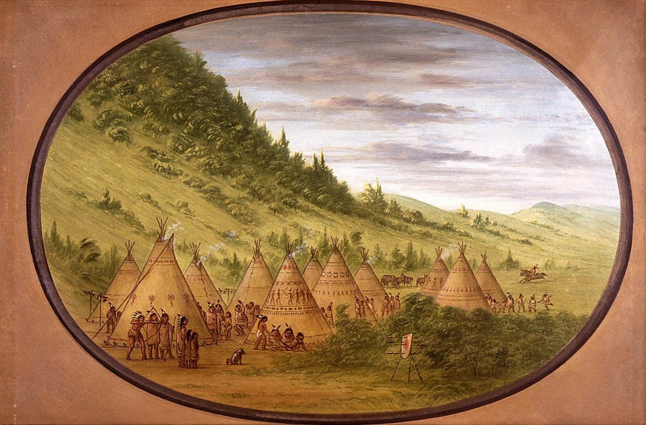 Wioska Odżibwejów z namiotami ze skór autorstwa George Catlin