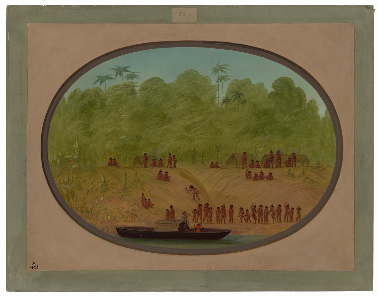 Wioska Omagua - szkic łodzi autorstwa George Catlin