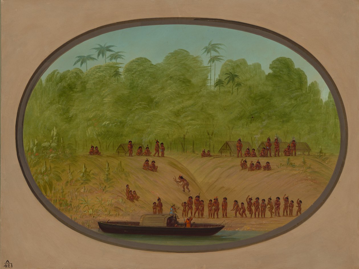 Wioska Omagua - szkic łodzi, 18541869. autorstwa George Catlin
