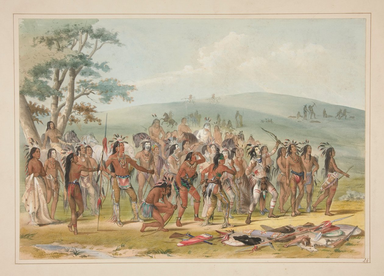 Łucznictwo Mandanów, pl. 24 z portfolio Indian Ameryki Północnej autorstwa George Catlin