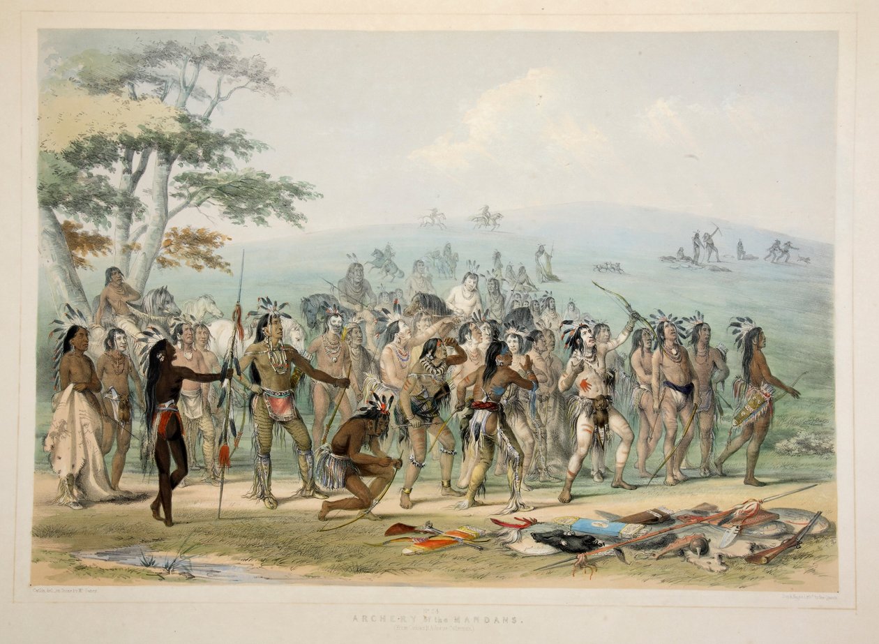 Łucznictwo Mandanów, wyd. 1845 kolorowa litografia. autorstwa George Catlin