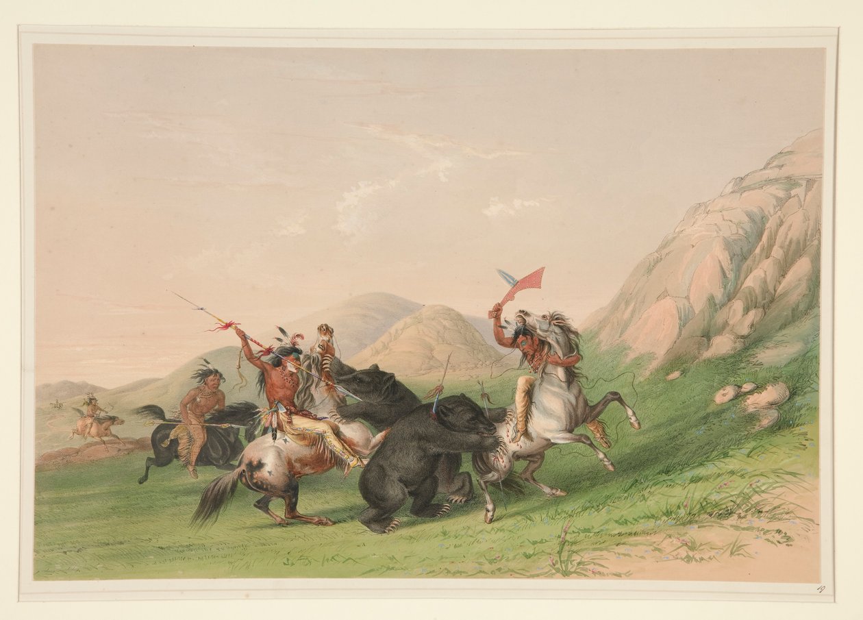 Atak niedźwiedzia grizzly, pl. 19 z portfolio Indian Ameryki Północnej autorstwa George Catlin