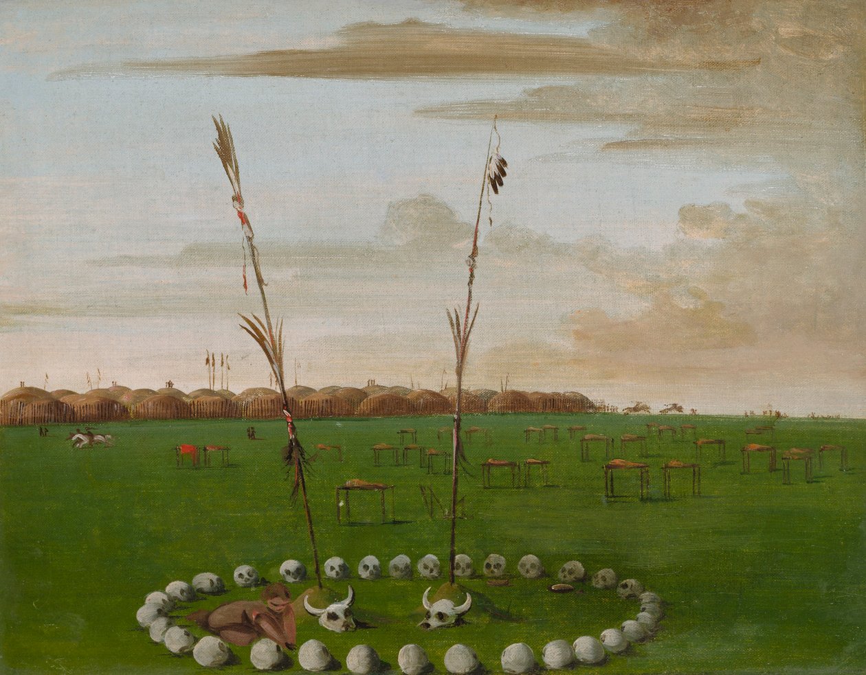 Widok z tyłu wioski Mandan, ukazujący cmentarz autorstwa George Catlin