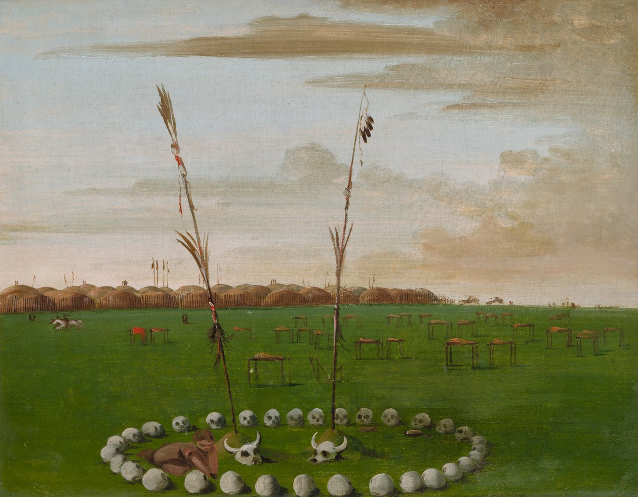Widok z tyłu wioski Mandan, ukazujący cmentarz, 1832 r. autorstwa George Catlin